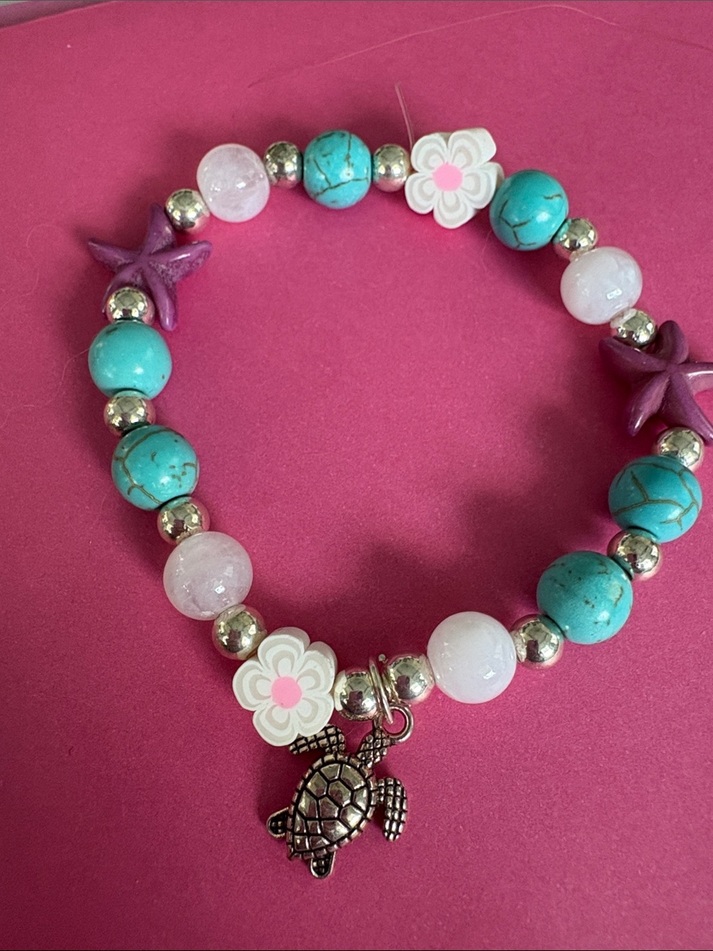 Turquoise and Pink Beaded Turtle Charm Bracelet - Women Jewelry
